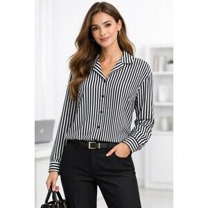 Notations Black White Striped Blouse XL Button Front Long-Sleeve Career Office